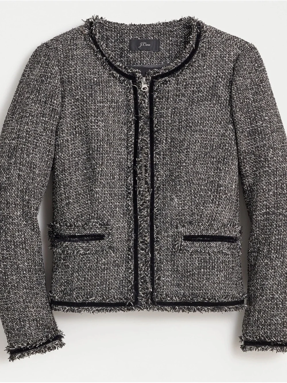 J. Crew Lady Metallic Black & White Tweed Fringe Collarless Blazer - Picture 2 of 8